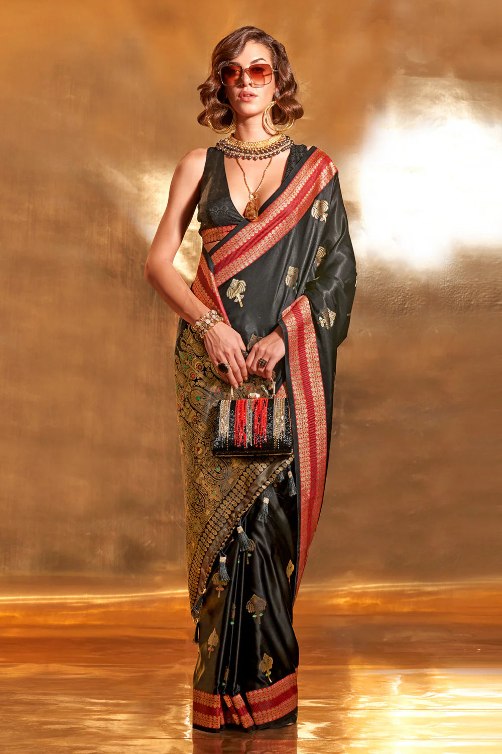 MIDNIGHT BLACK HANDLOOM WOVEN SATIN SILK SAREE