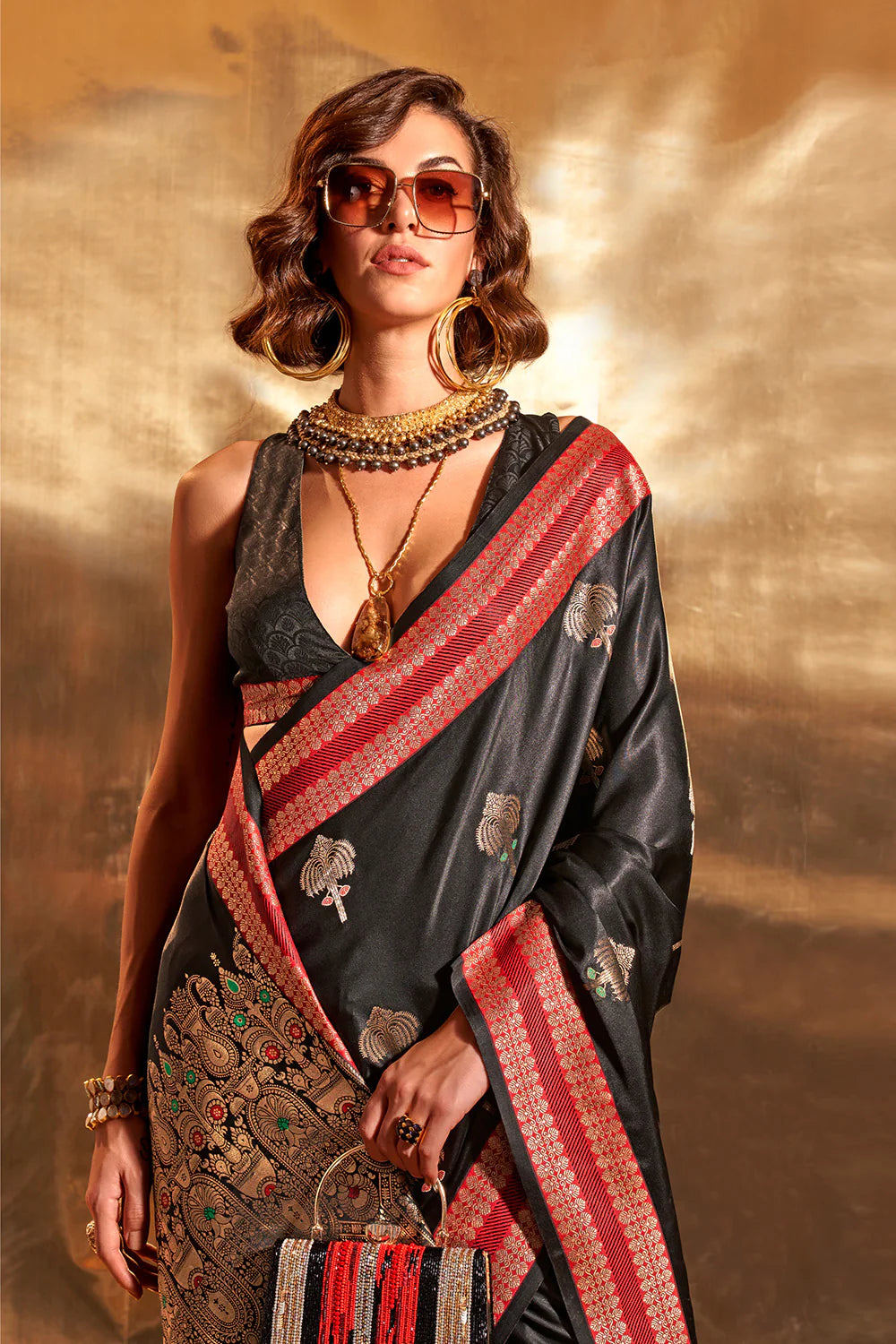 MIDNIGHT BLACK HANDLOOM WOVEN SATIN SILK SAREE