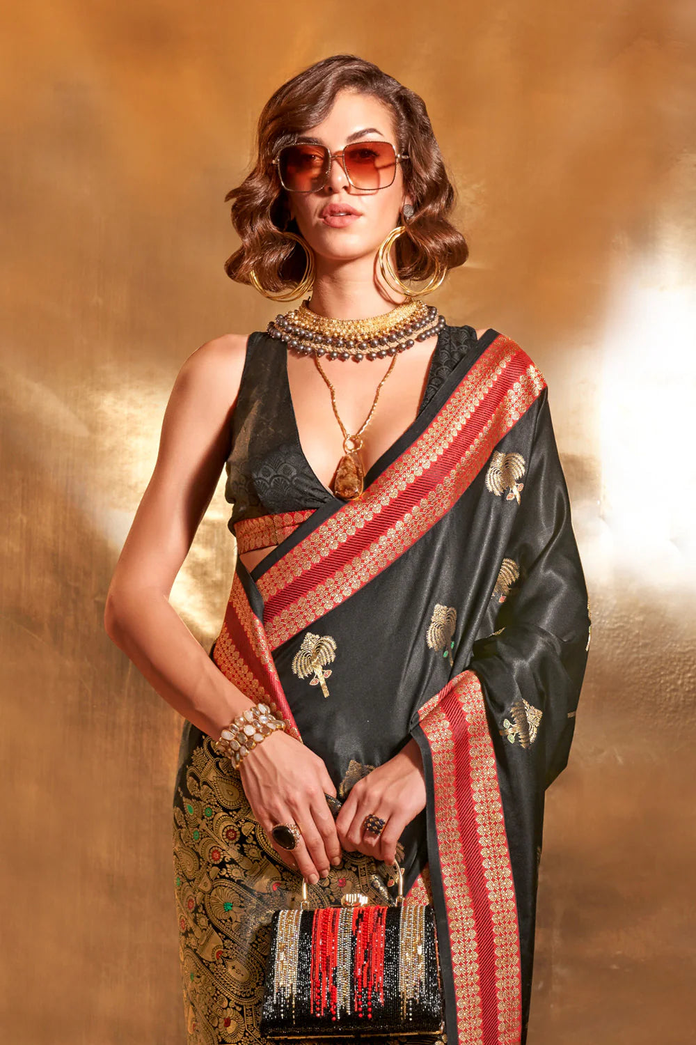 MIDNIGHT BLACK HANDLOOM WOVEN SATIN SILK SAREE