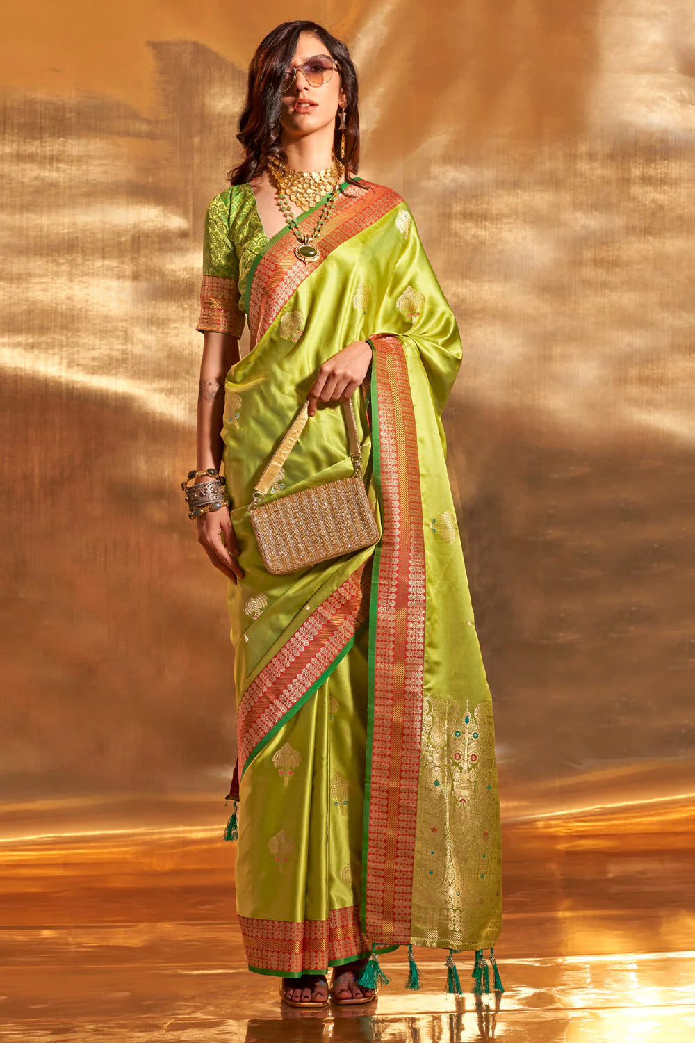 GREEPS GREEN HANDLOOM WOVEN SATIN SILK SAREE