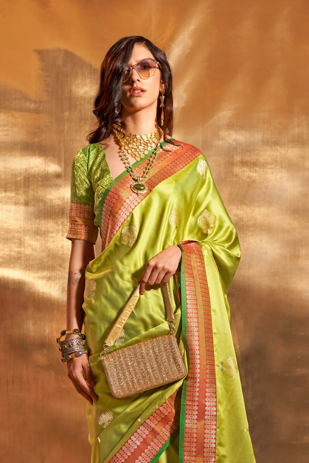 GREEPS GREEN HANDLOOM WOVEN SATIN SILK SAREE