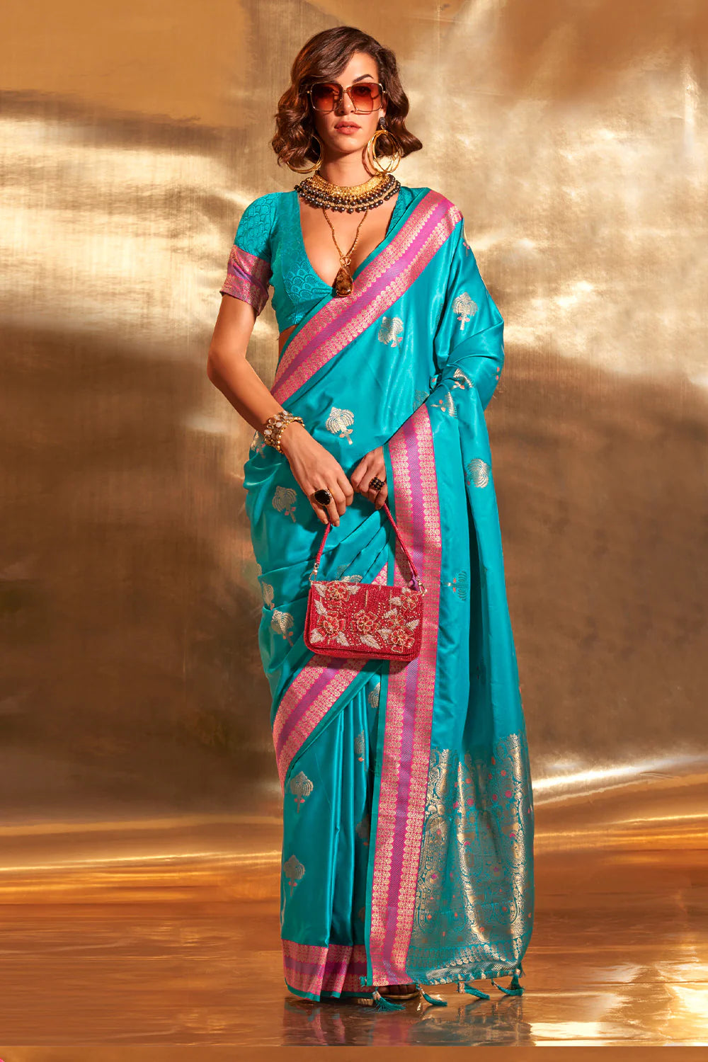 CERULEAN BLUE HANDLOOM WOVEN SATIN SILK SAREE