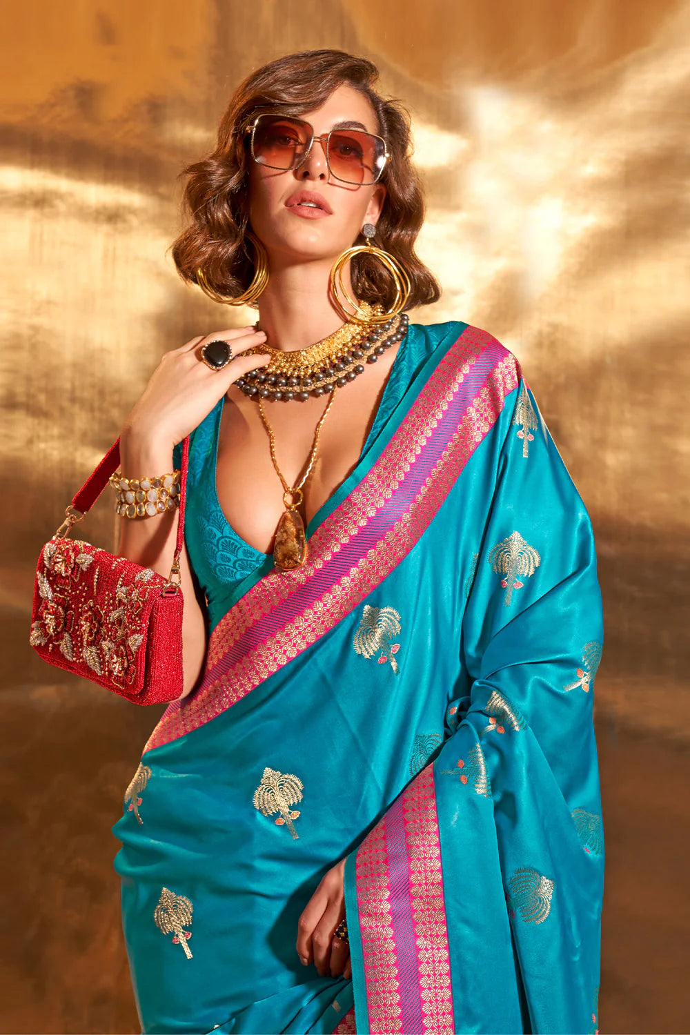 CERULEAN BLUE HANDLOOM WOVEN SATIN SILK SAREE