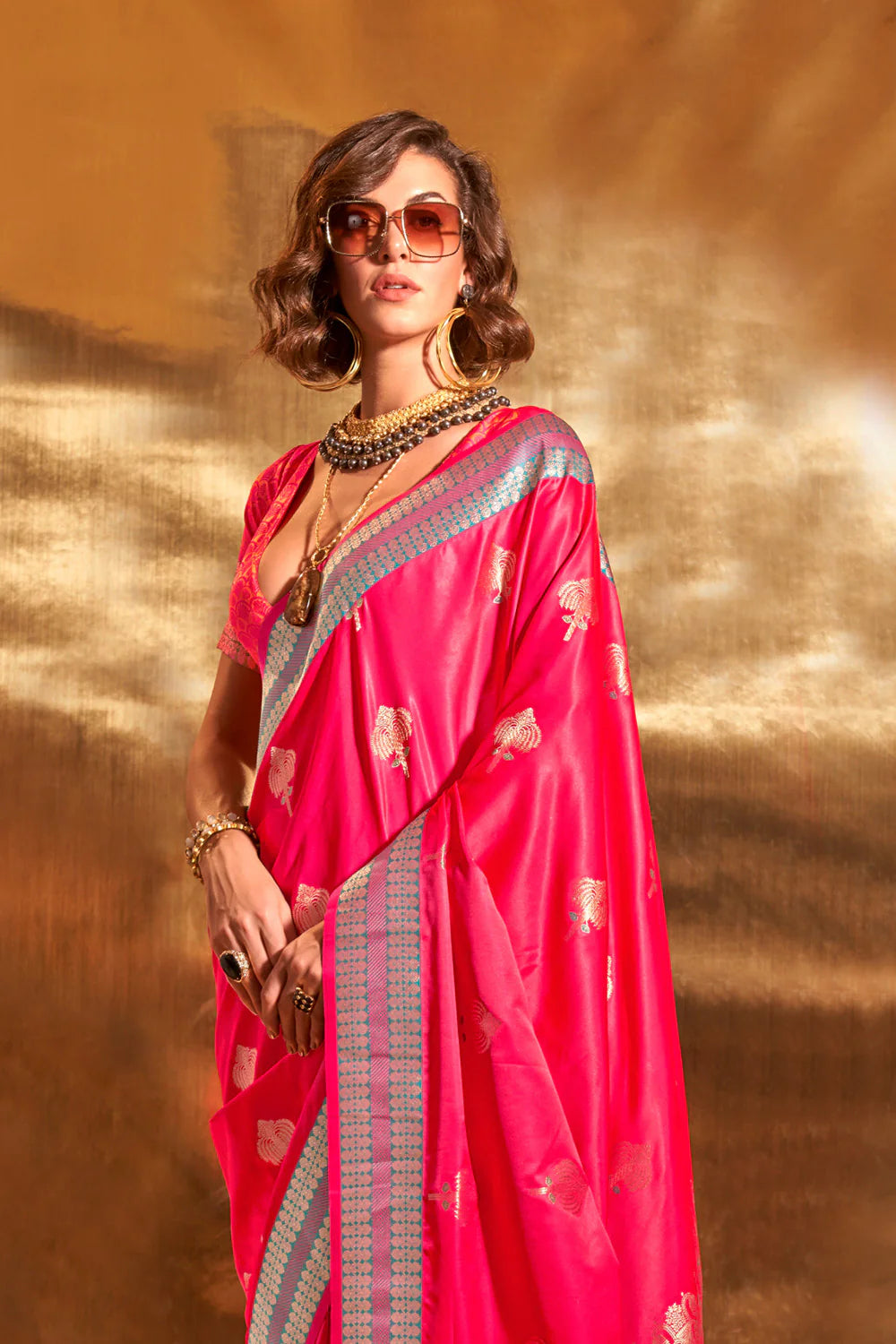 Magenta Pink HANDLOOM WOVEN SATIN SILK SAREE