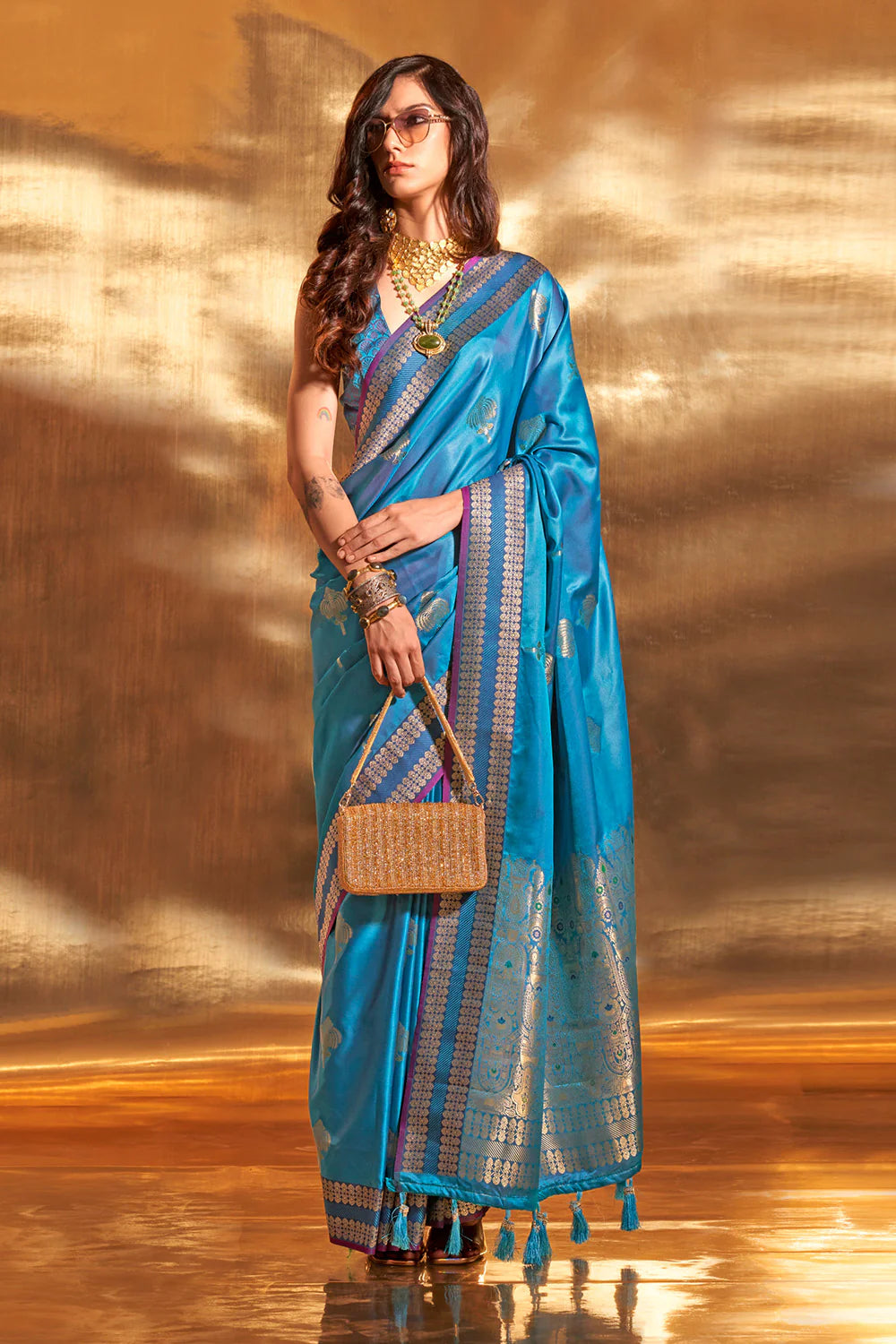 TEAL BLUE HANDLOOM WOVEN SATIN SILK SAREE