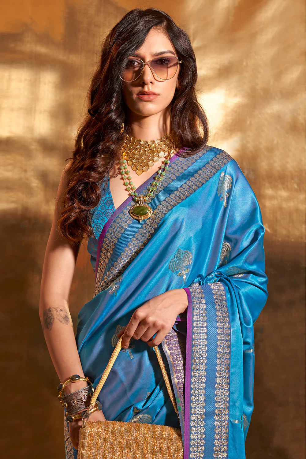 TEAL BLUE HANDLOOM WOVEN SATIN SILK SAREE