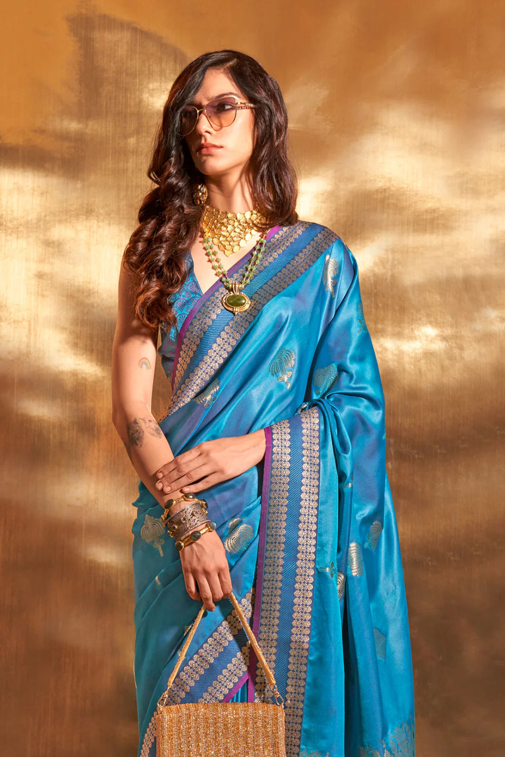 TEAL BLUE HANDLOOM WOVEN SATIN SILK SAREE