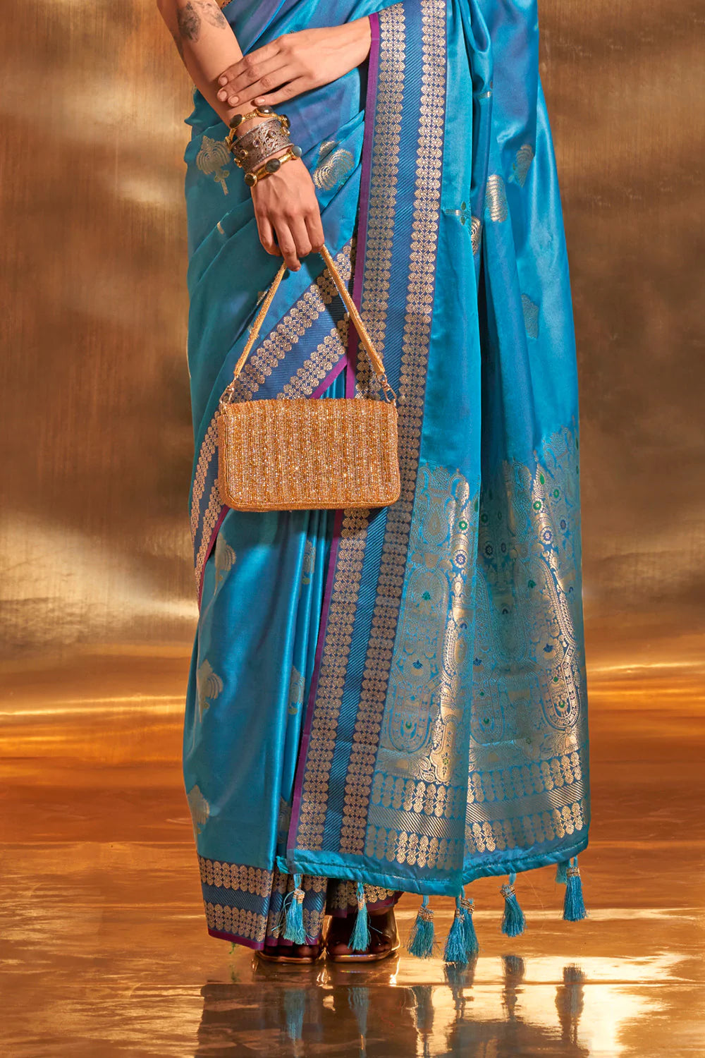 TEAL BLUE HANDLOOM WOVEN SATIN SILK SAREE