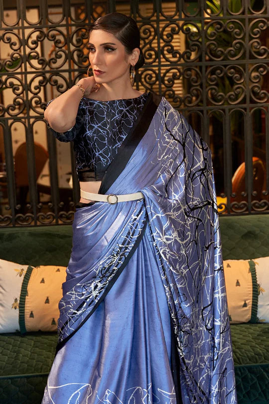 Sapphire Elegance Royal Blue Satin Print Saree