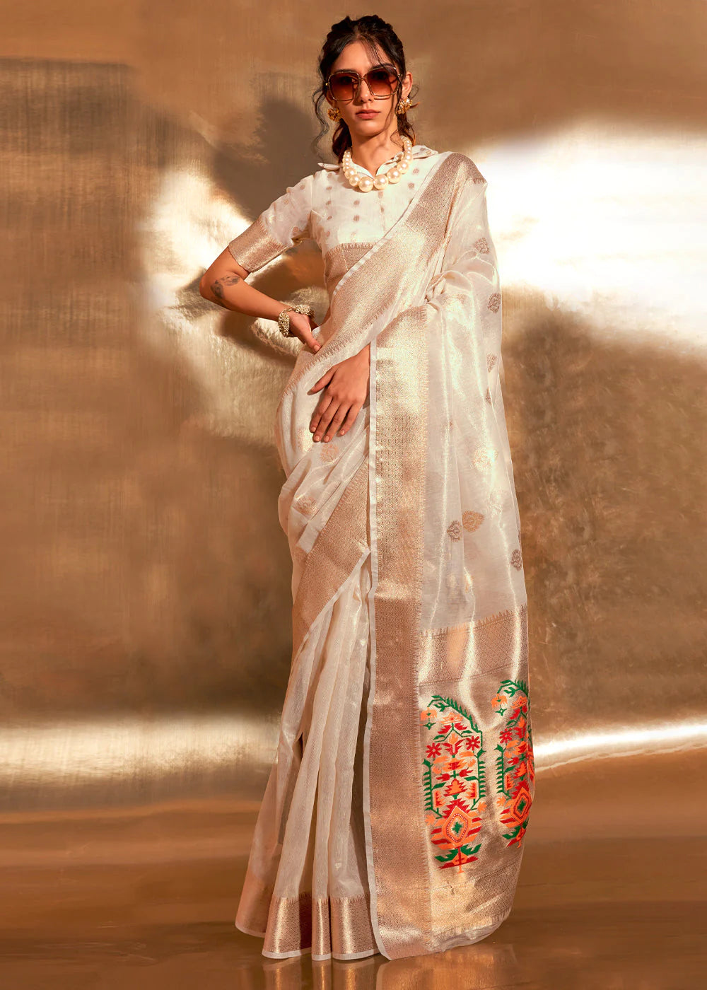 WHITE Zari Woven Tissue Silk Saree with Paithani Pallu