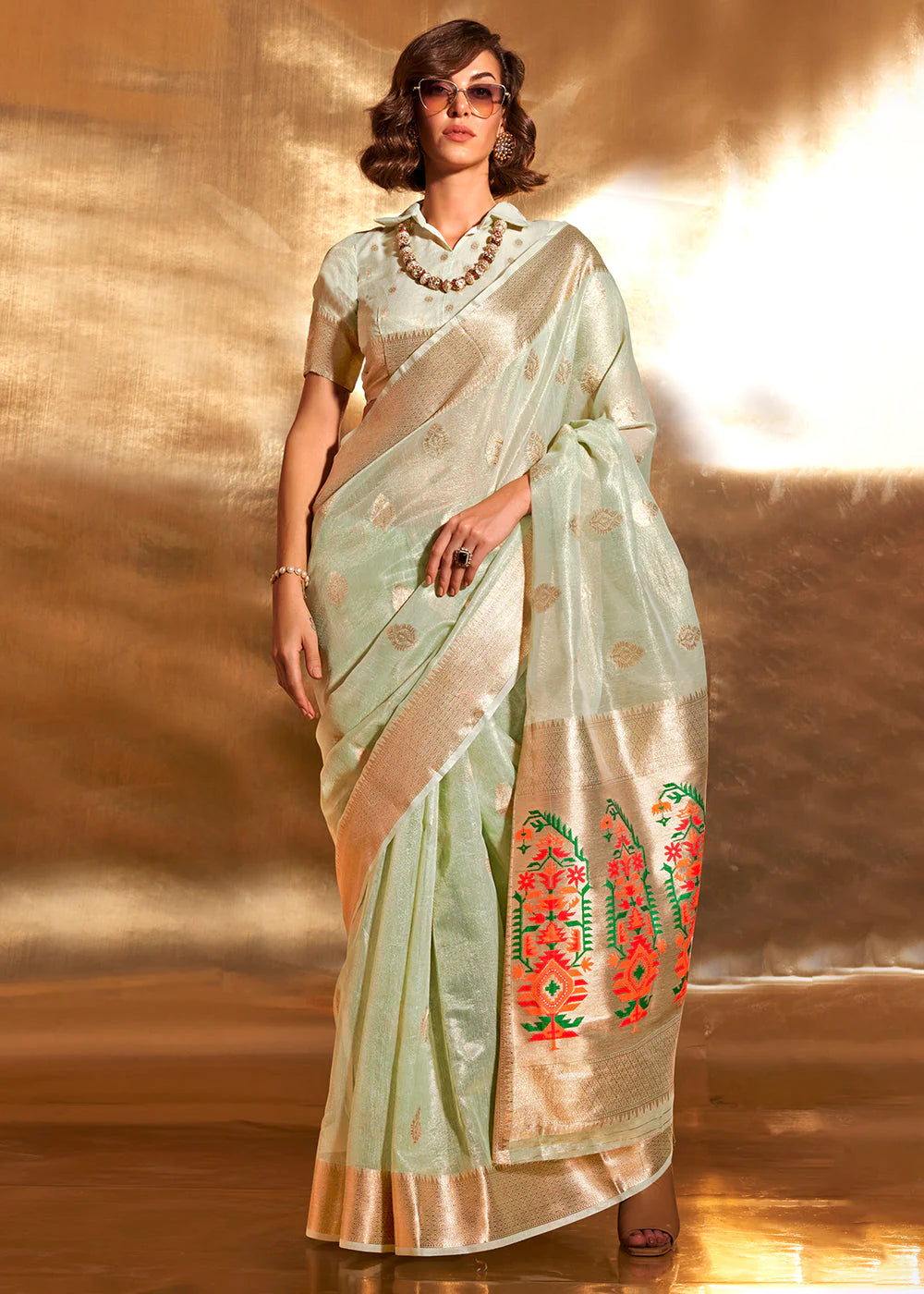 GREEN Zari Woven Tissue Silk Saree with Paithani Pallu