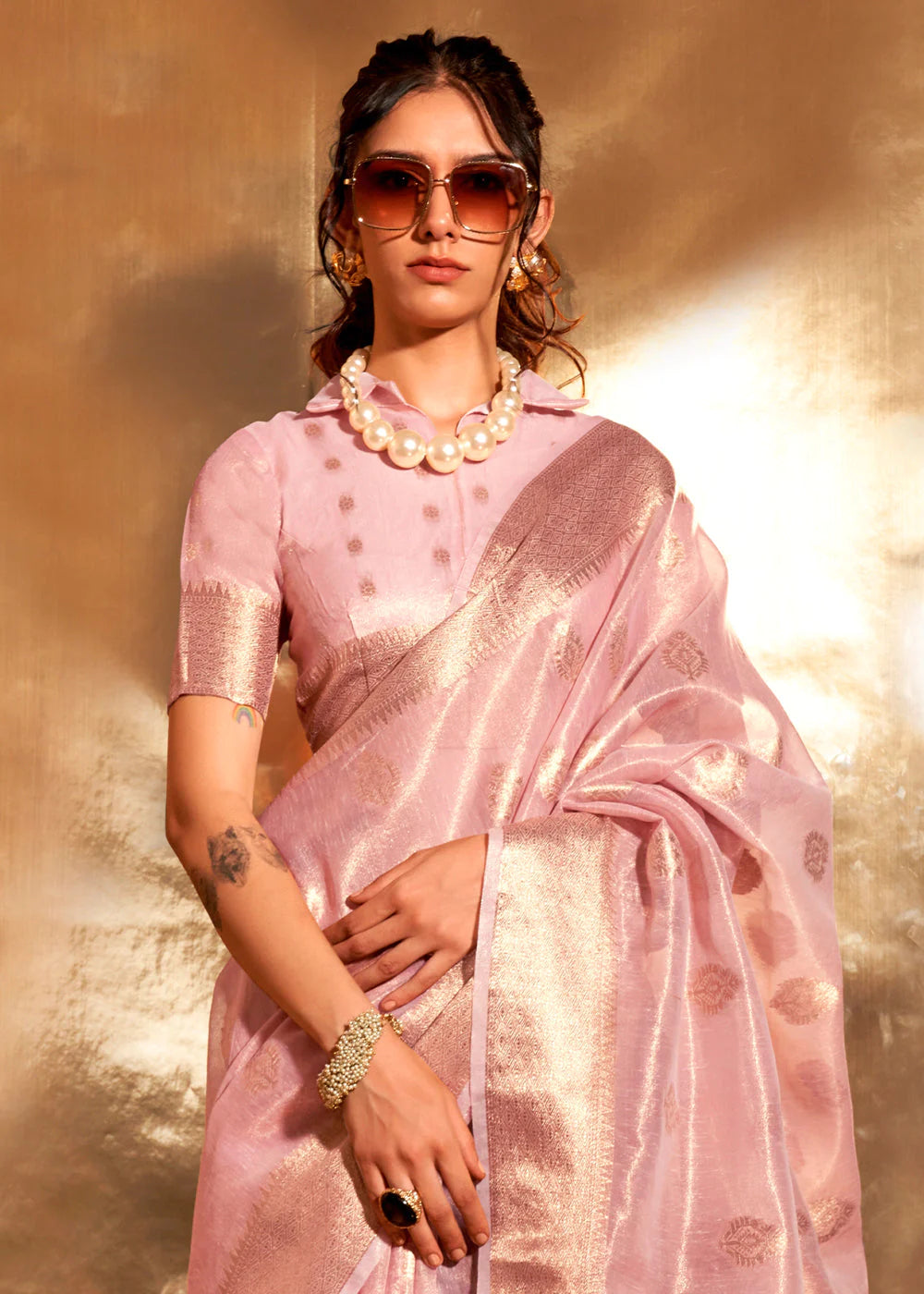 ROSE PINK Zari Woven Tissue Silk Saree with Paithani Pallu