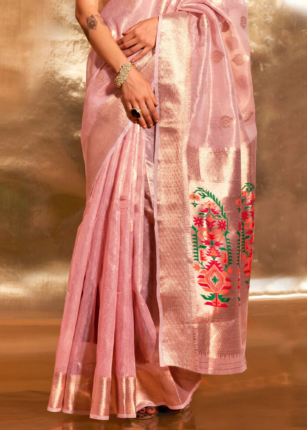 ROSE PINK Zari Woven Tissue Silk Saree with Paithani Pallu