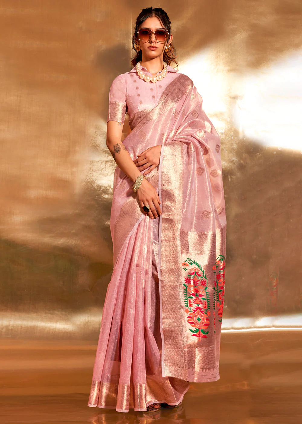 ROSE PINK Zari Woven Tissue Silk Saree with Paithani Pallu