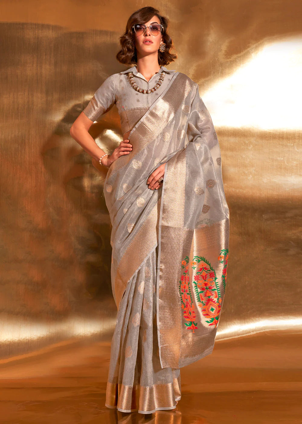 Coin Grey Zari Woven Tissue Silk Saree with Paithani Pallu