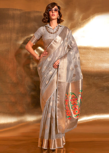GREY Zari Woven Tissue Silk Saree with Paithani Pallu