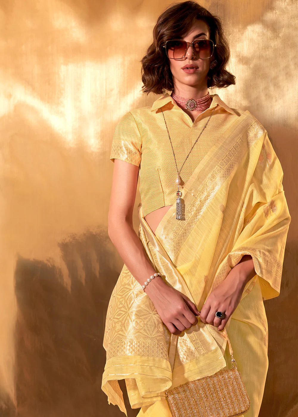 CANARY YELLOW HAND WOVEN LINEN COTTON SAREE WITH BROCADE BLOUSE