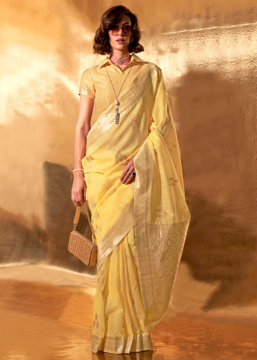 CANARY YELLOW HAND WOVEN LINEN COTTON SAREE WITH BROCADE BLOUSE