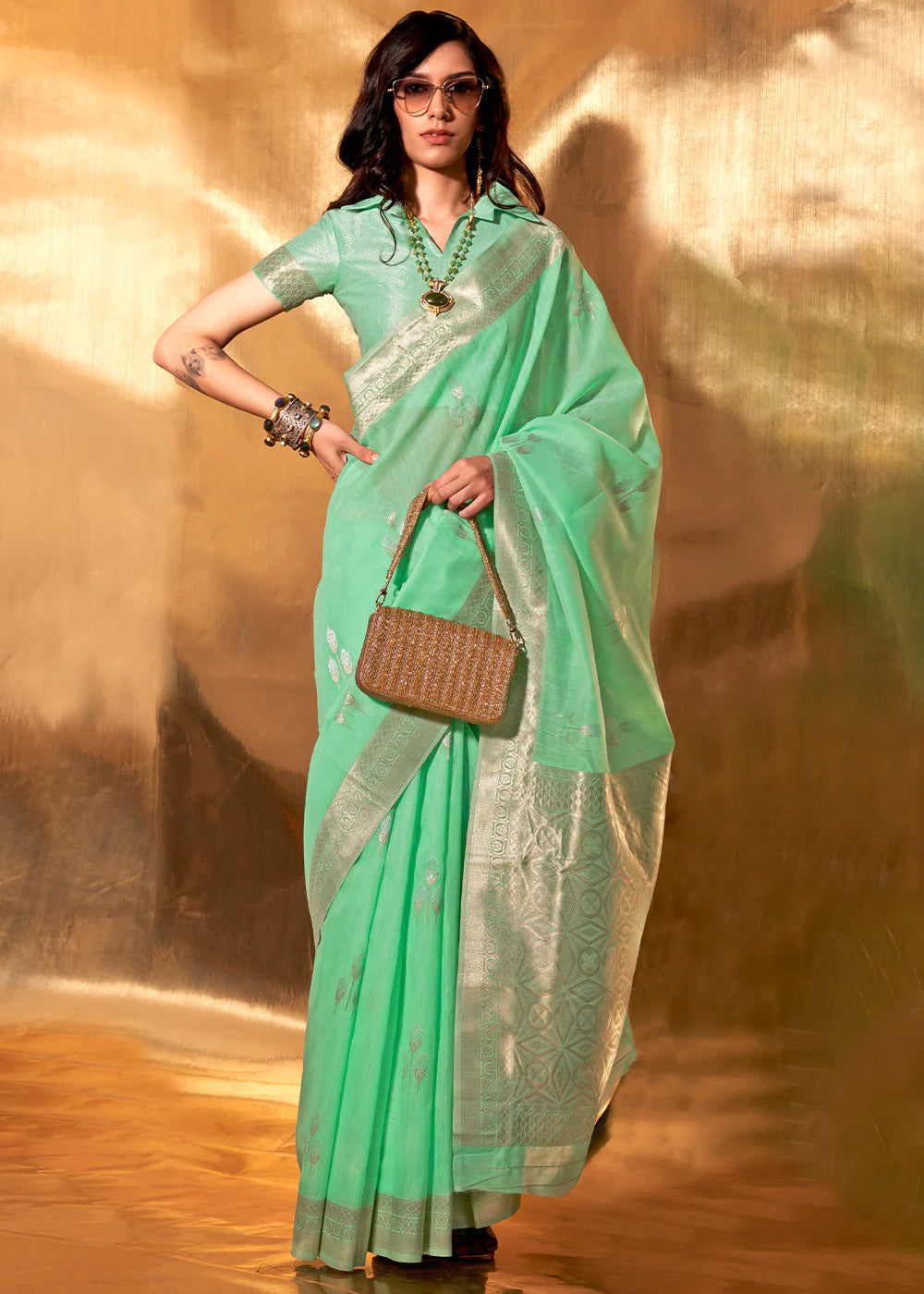 TEAL GREEN HAND WOVEN LINEN COTTON SAREE WITH BROCADE BLOUSE