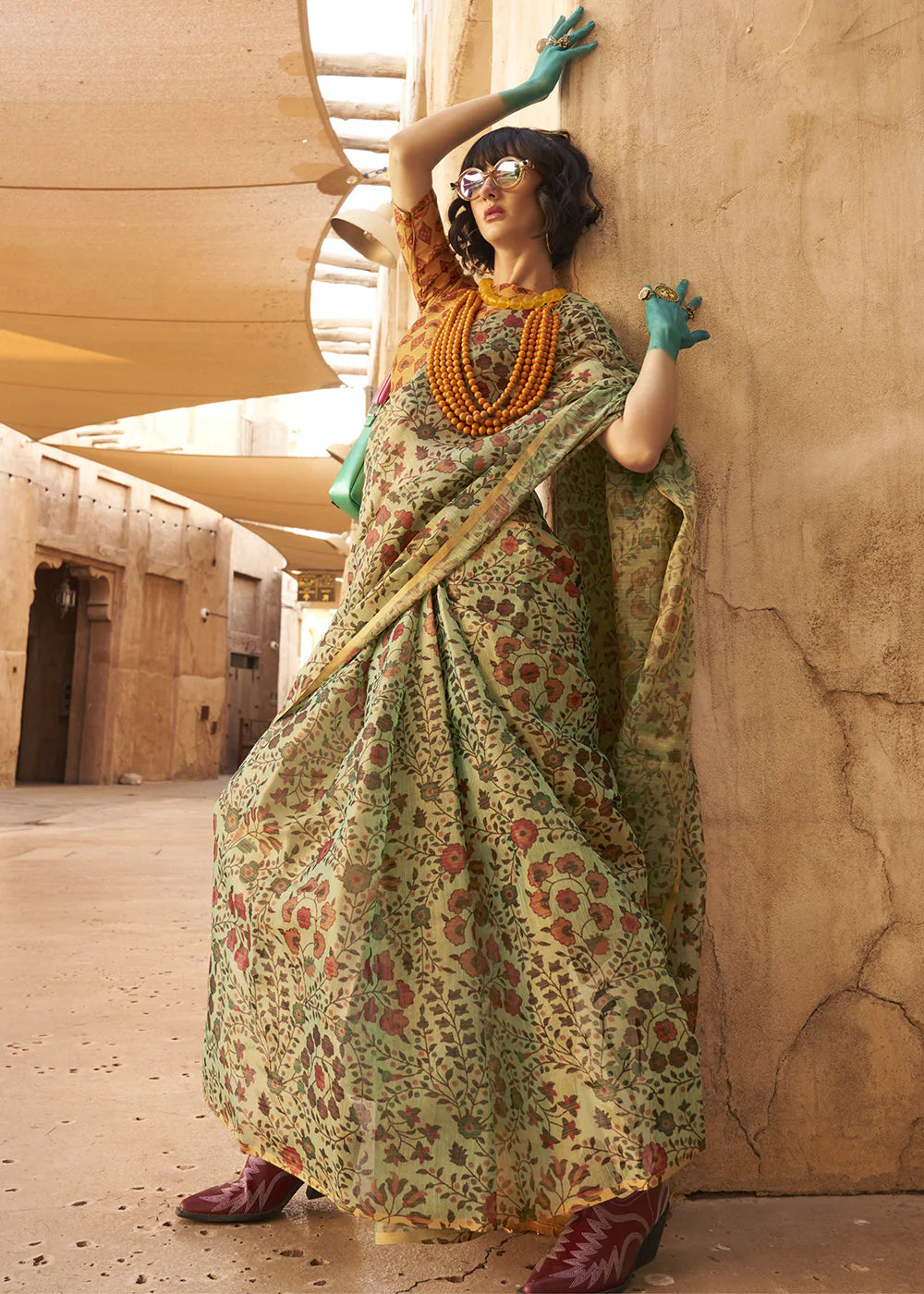 GREEN FLORAL PRINTED TISSUE HANDLOOM SAREE