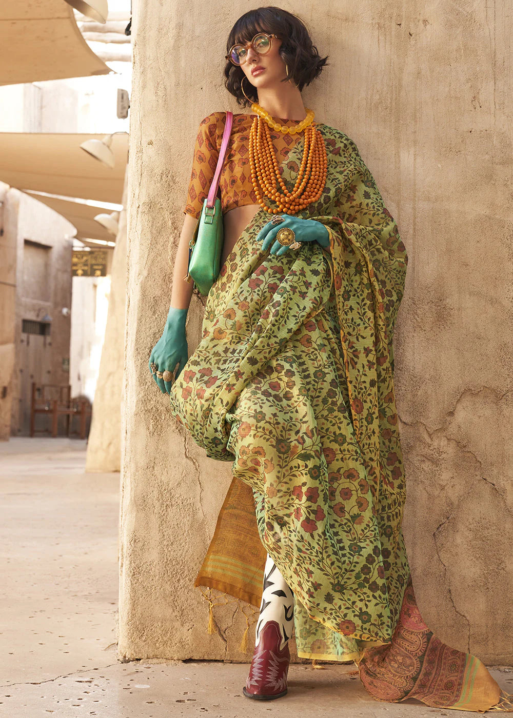 GREEN FLORAL PRINTED TISSUE HANDLOOM SAREE