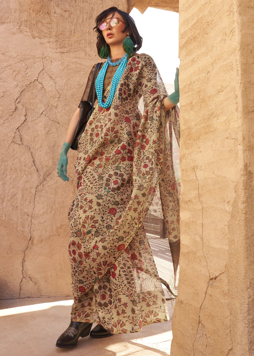 BEIGE BROWN FLORAL PRINTED TISSUE HANDLOOM SAREE