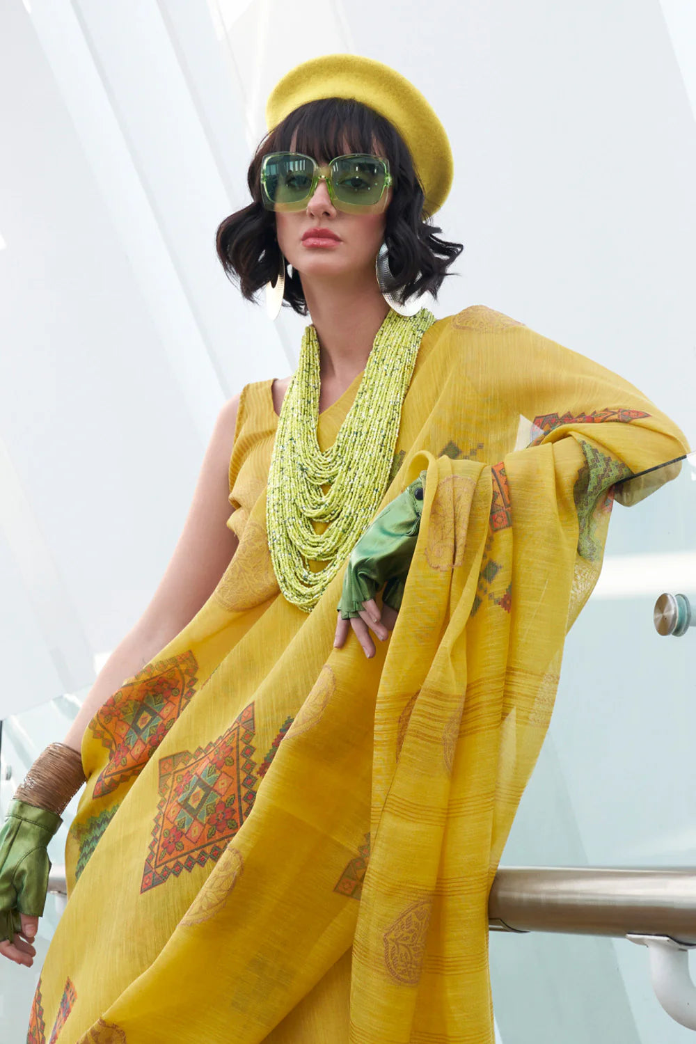 Yellow Banarasi Silk Printed Tissue Saree