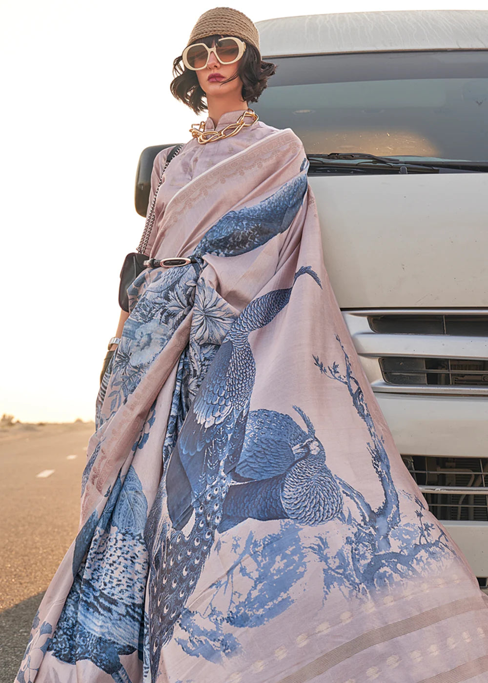 CREAM BEIGE AND BLUE FLORAL PRINTED SATIN CREPE SAREE