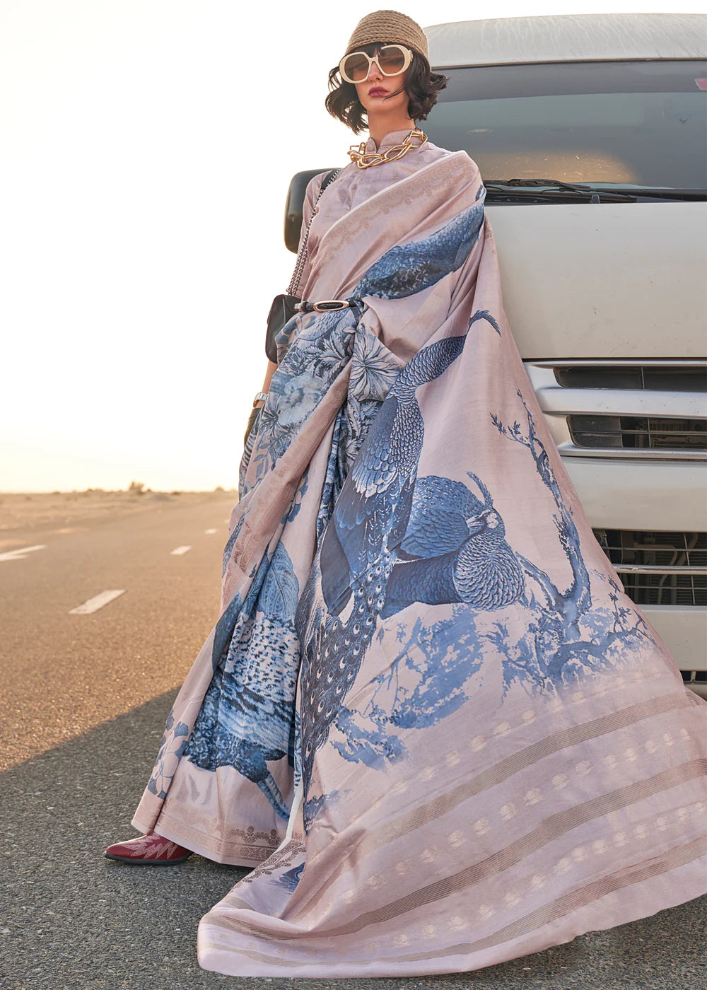 CREAM BEIGE AND BLUE FLORAL PRINTED SATIN CREPE SAREE