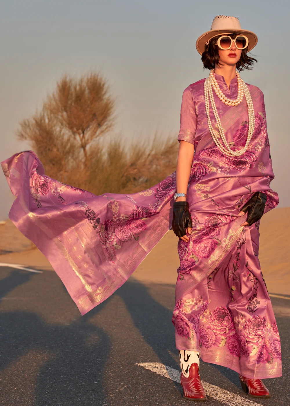 TAFFY PINK FLORAL PRINTED SATIN CREPE SAREE