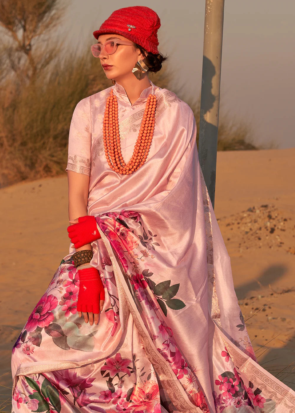 SWEET PINK FLORAL PRINTED SATIN CREPE SAREE