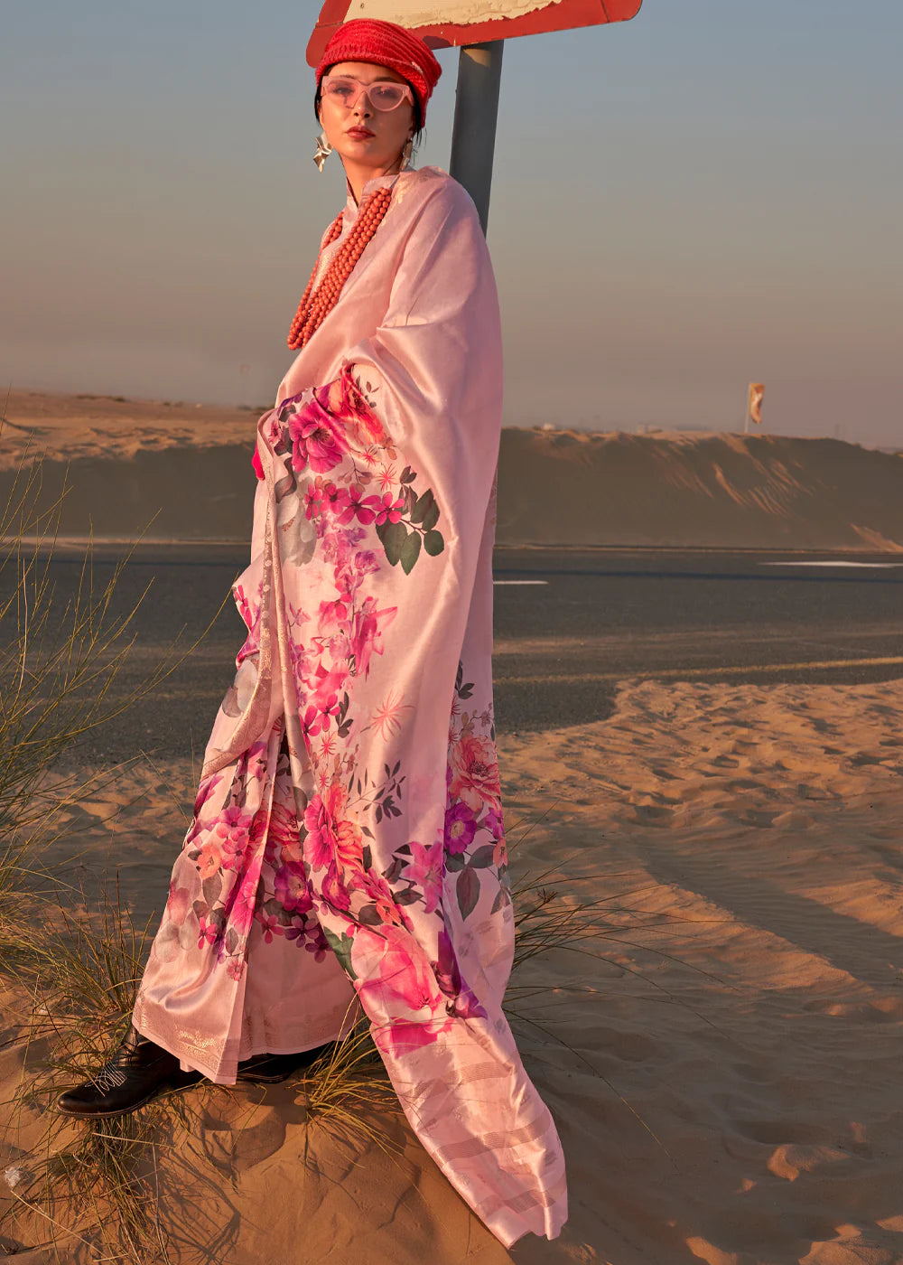 SWEET PINK FLORAL PRINTED SATIN CREPE SAREE