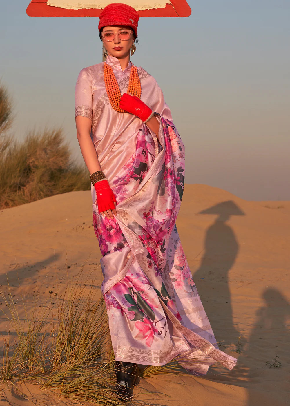 SWEET PINK FLORAL PRINTED SATIN CREPE SAREE