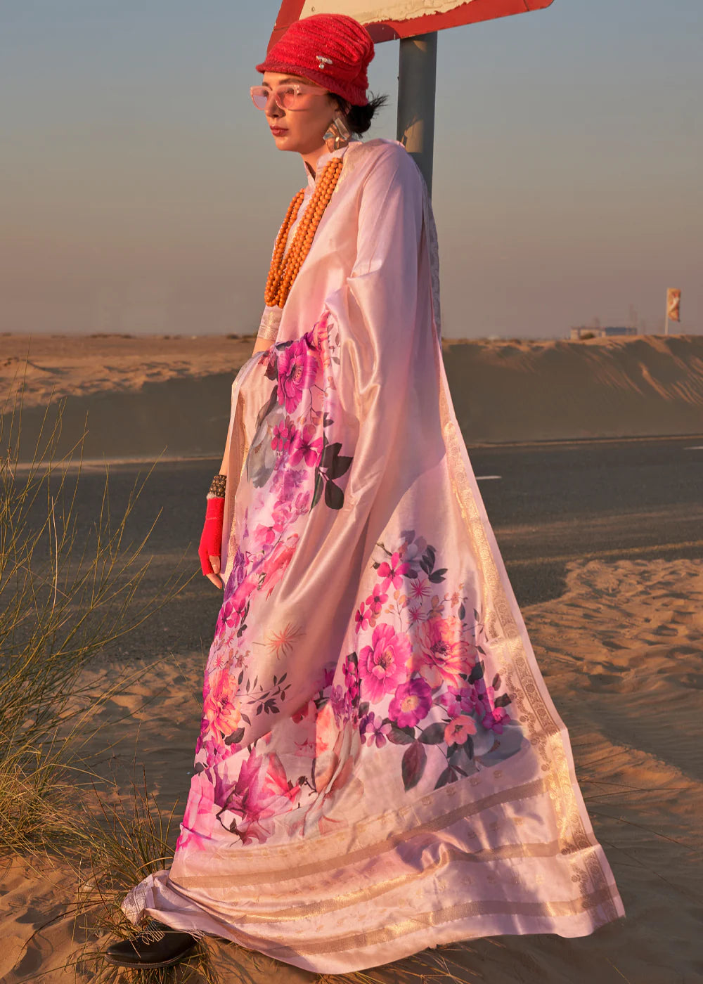 SWEET PINK FLORAL PRINTED SATIN CREPE SAREE