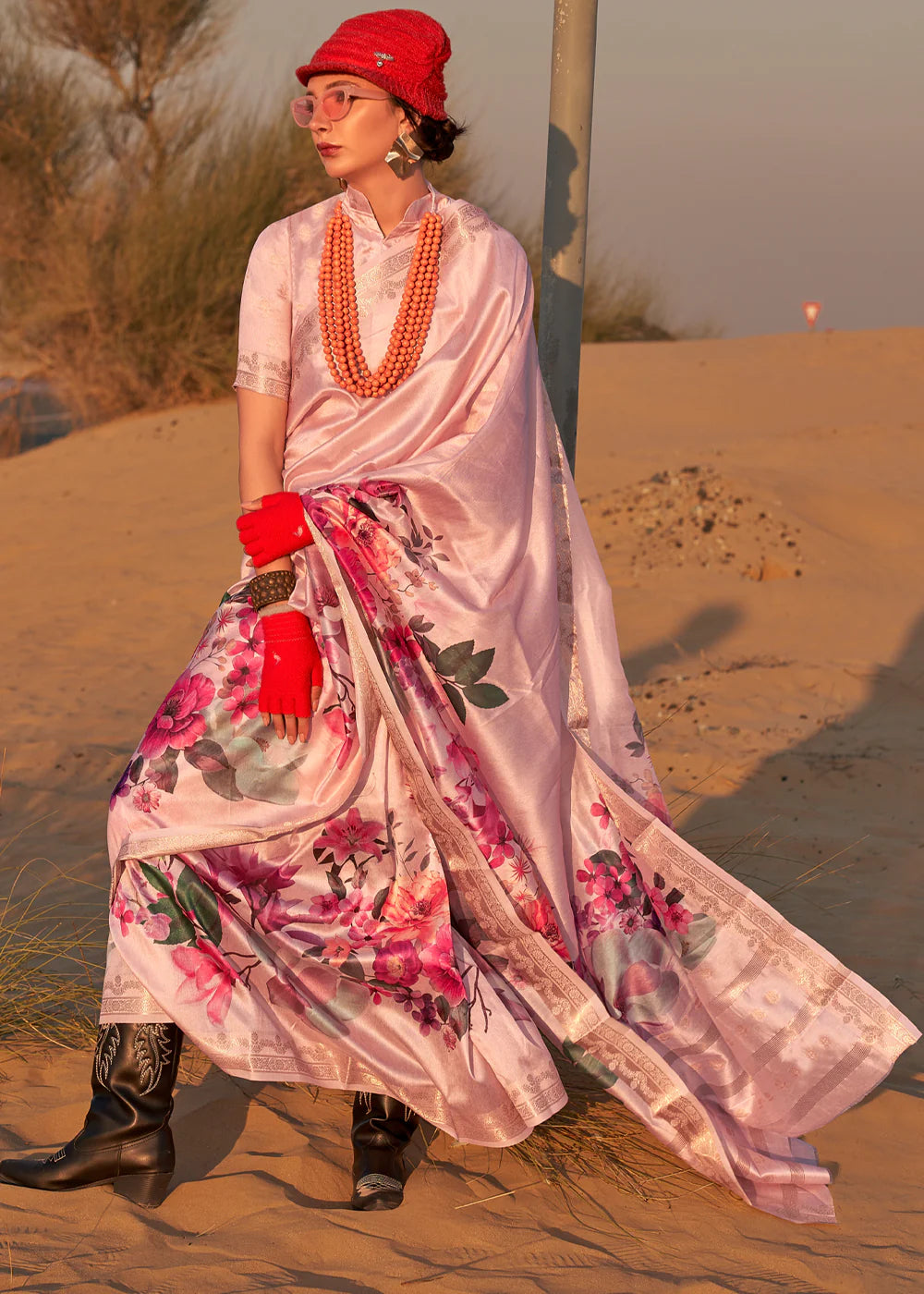 SWEET PINK FLORAL PRINTED SATIN CREPE SAREE