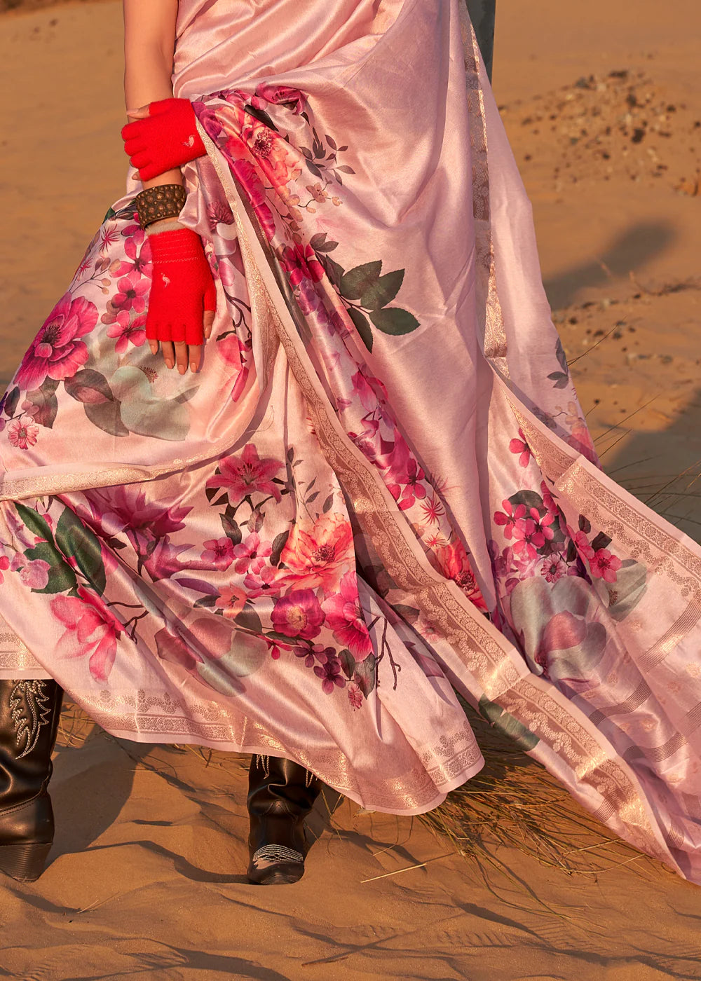 SWEET PINK FLORAL PRINTED SATIN CREPE SAREE