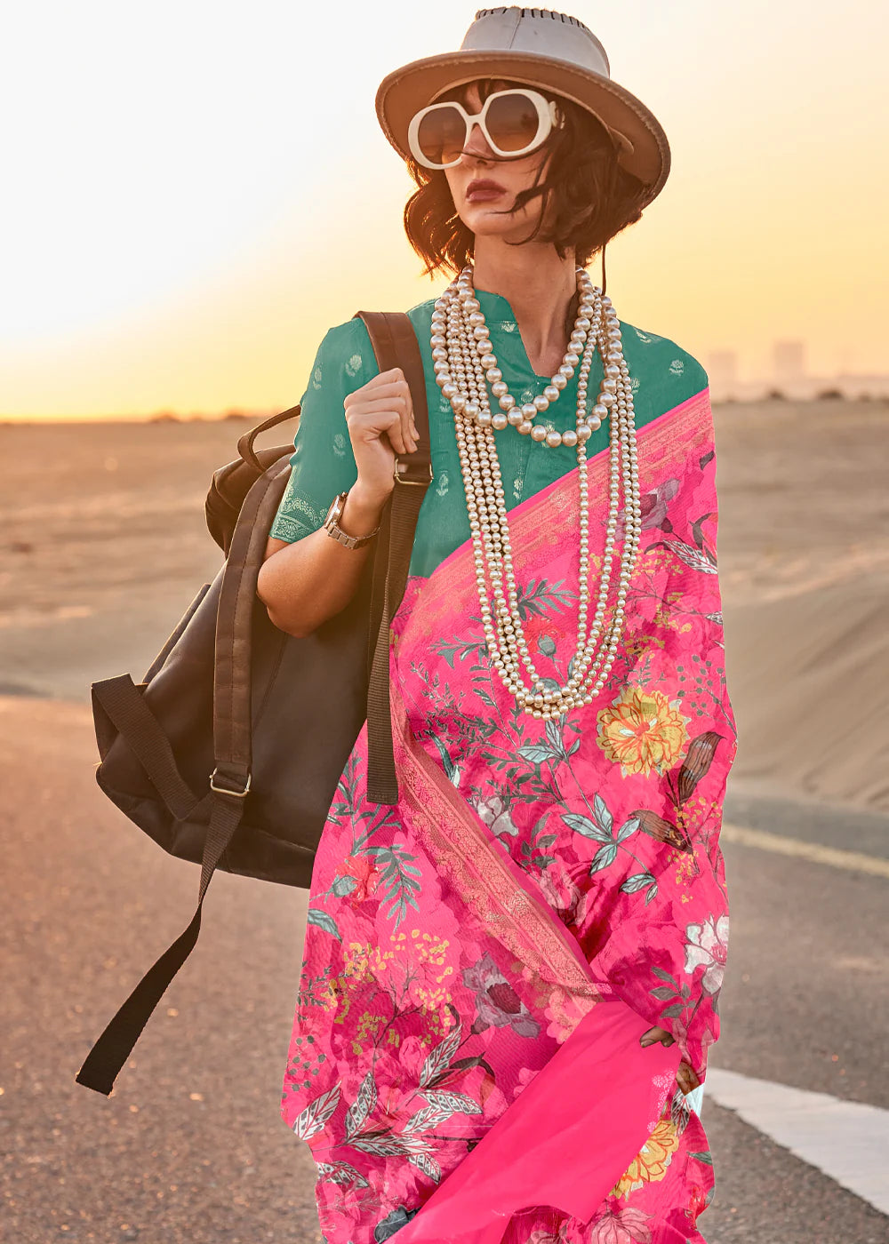 MAGENTA PINK FLORAL PRINTED SATIN CREPE SAREE