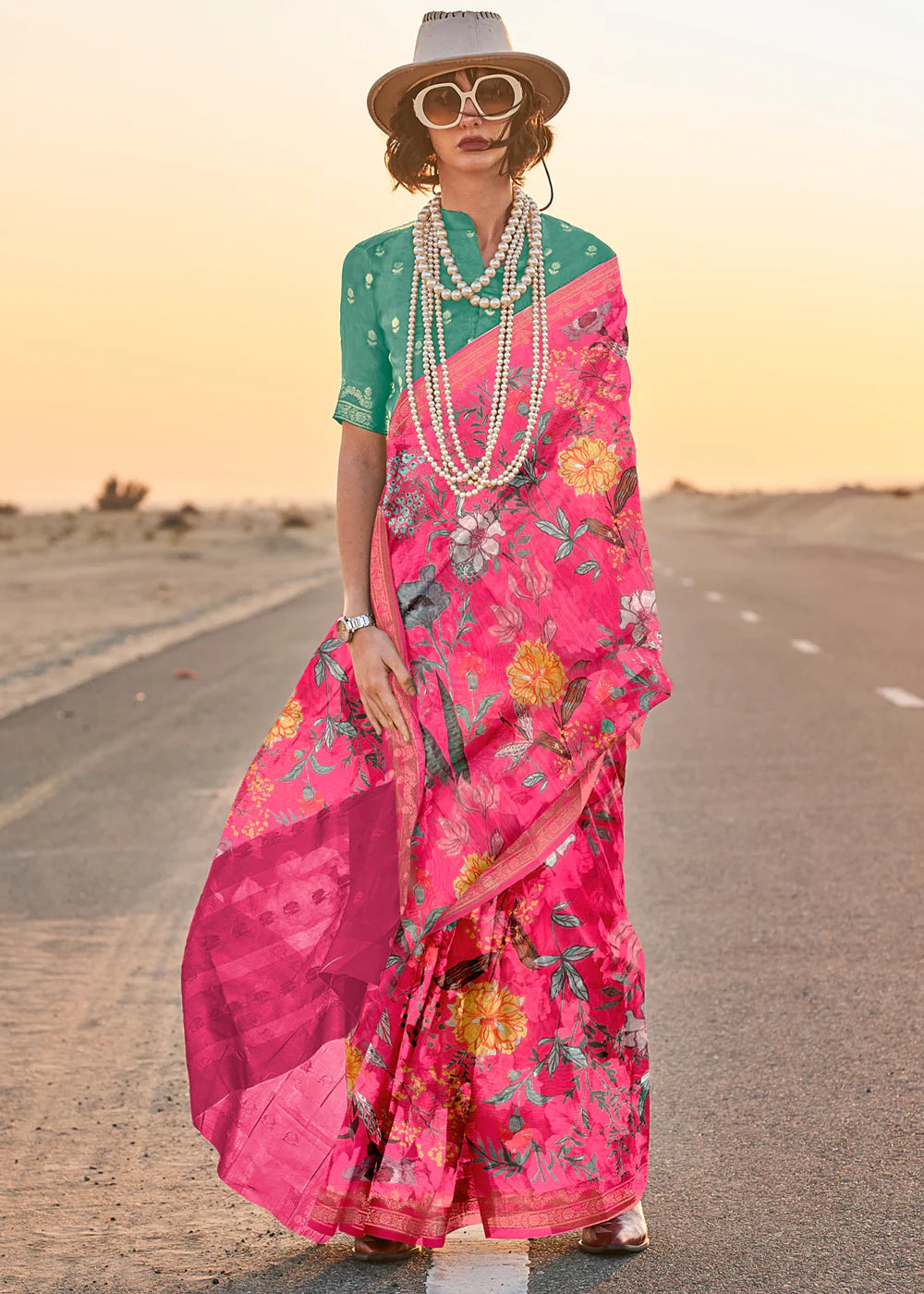 MAGENTA PINK FLORAL PRINTED SATIN CREPE SAREE