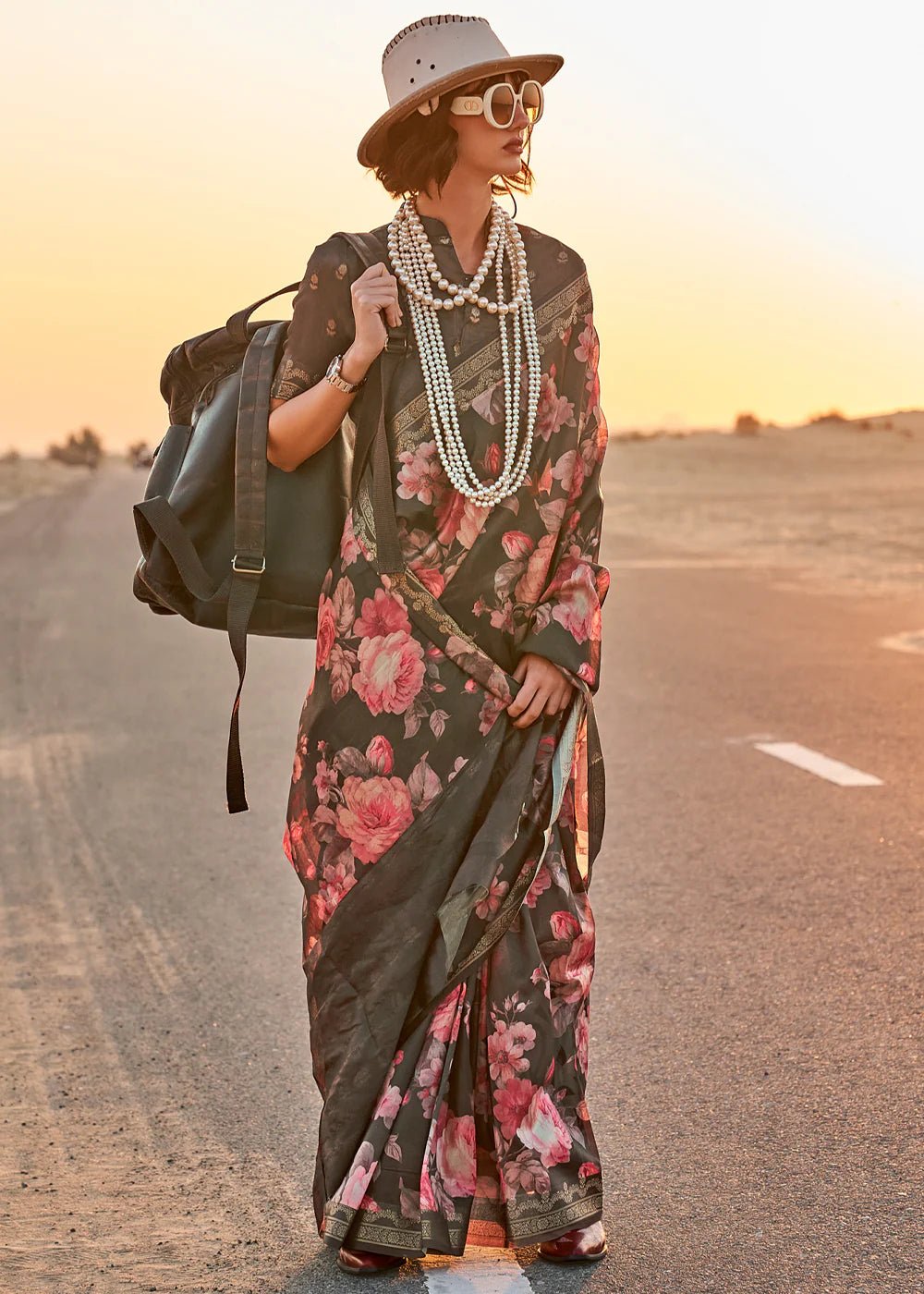 RHINO GREY FLORAL PRINTED SATIN CREPE SAREE