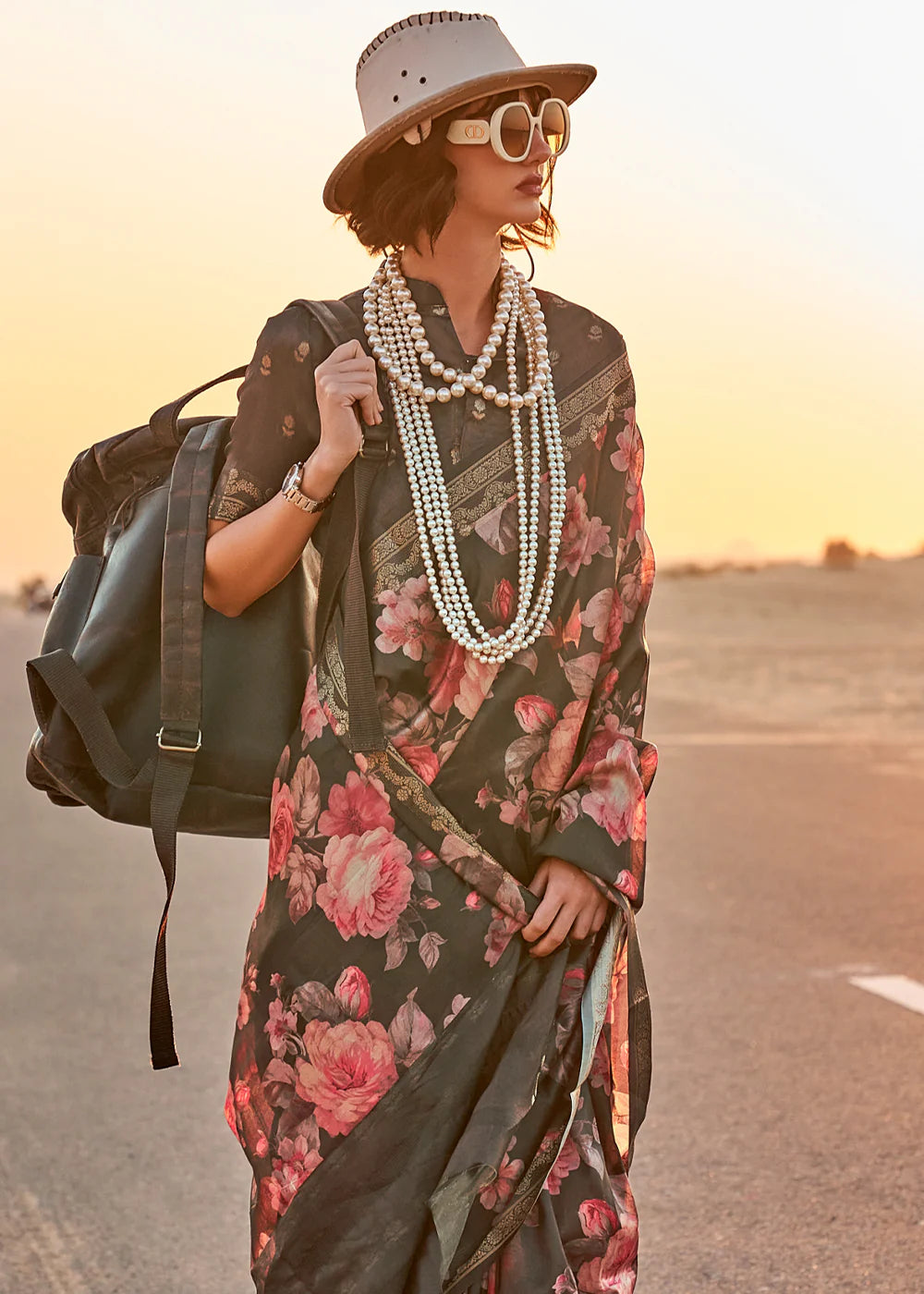 RHINO GREY FLORAL PRINTED SATIN CREPE SAREE