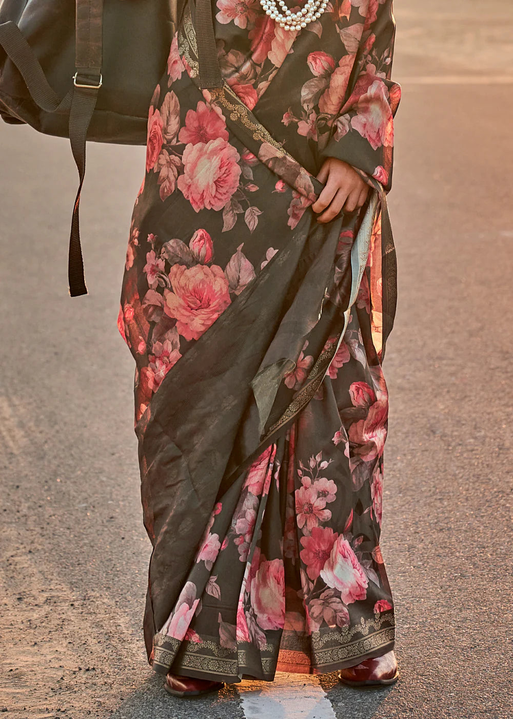 RHINO GREY FLORAL PRINTED SATIN CREPE SAREE