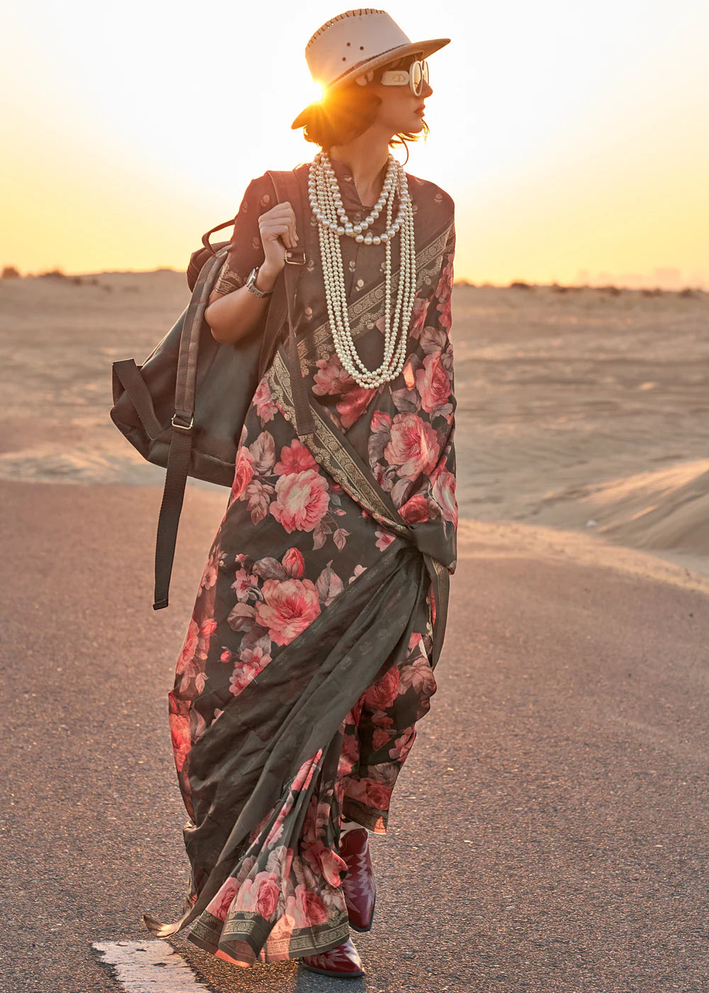 RHINO GREY FLORAL PRINTED SATIN CREPE SAREE