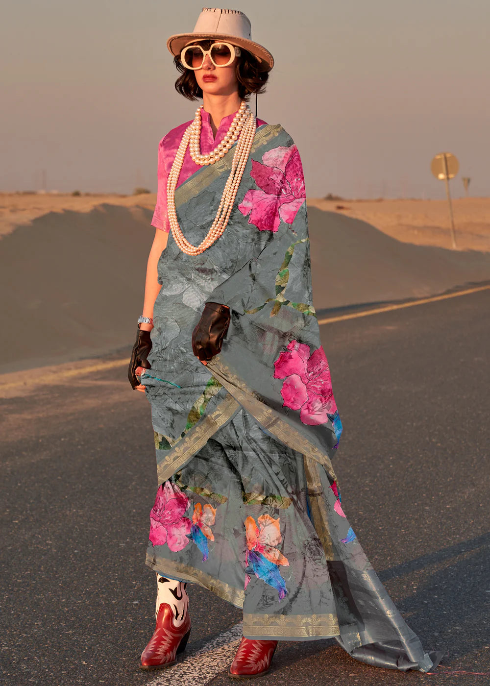 METAL GREY FLORAL PRINTED SATIN CREPE SAREE