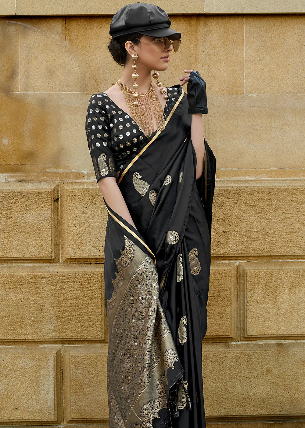 ONYX BLACK Pure Satin Handloom Weaving Silk SAREE