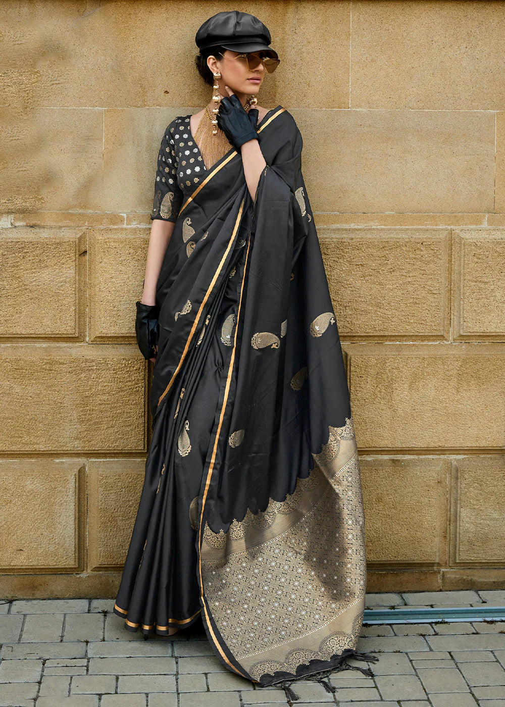 ONYX BLACK Pure Satin Handloom Weaving Silk SAREE