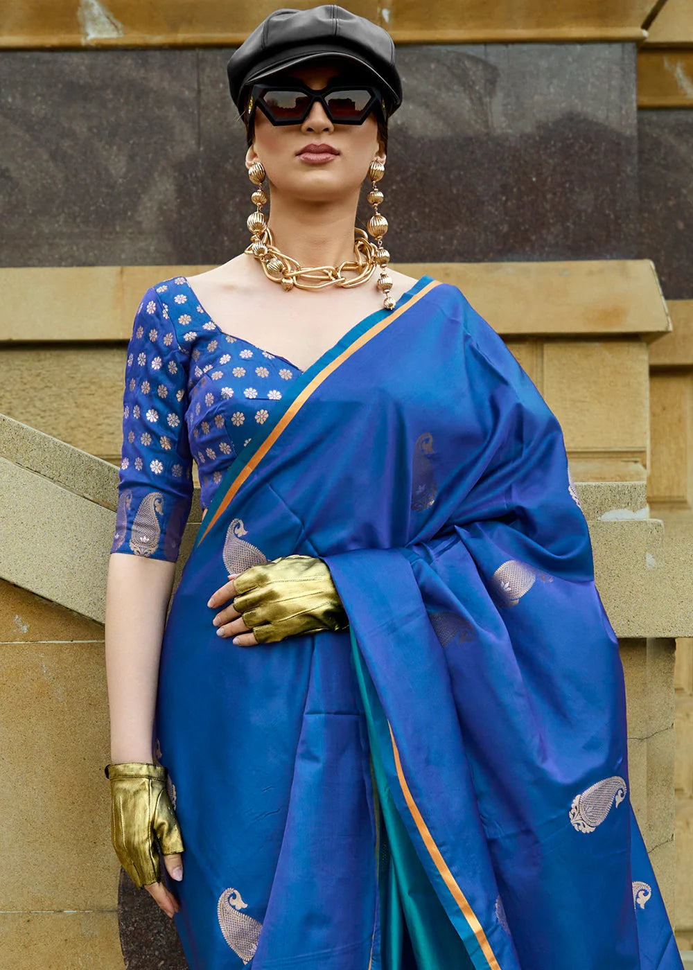 ADMIRAL BLUE Pure Satin Handloom Weaving Silk SAREE