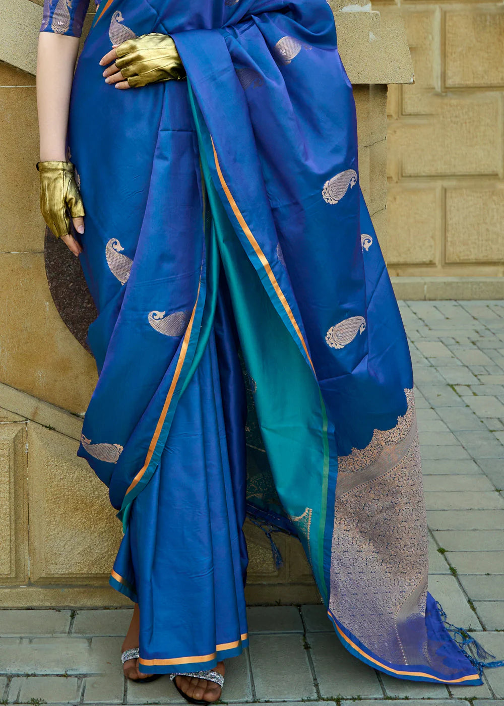 ADMIRAL BLUE Pure Satin Handloom Weaving Silk SAREE