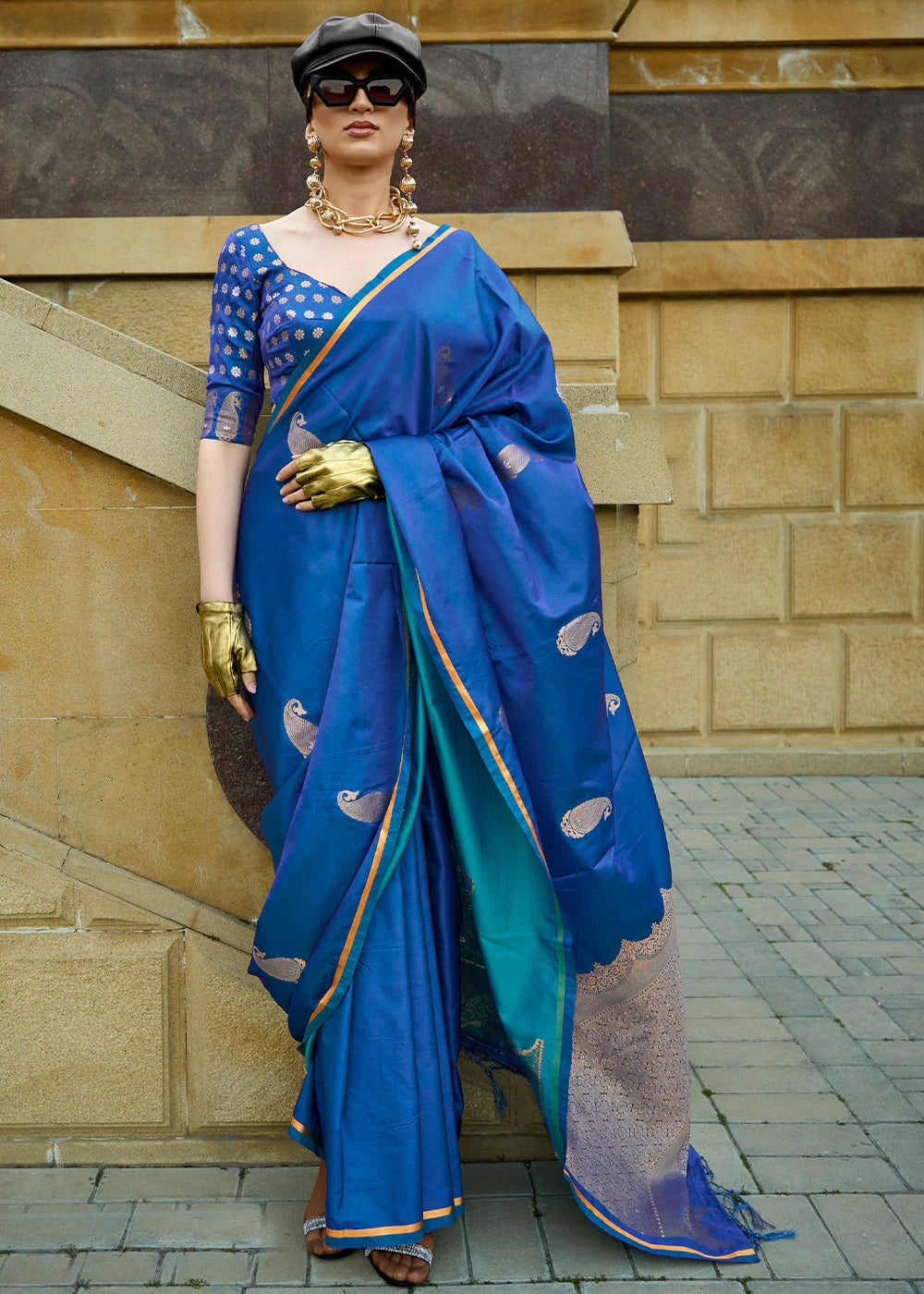 ADMIRAL BLUE Pure Satin Handloom Weaving Silk SAREE