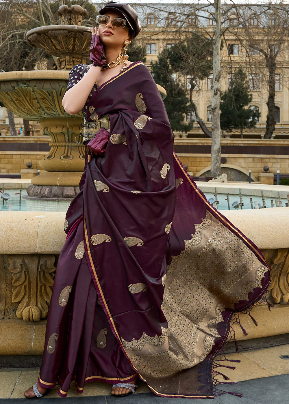 OPERA MAUVE Pure Satin Handloom Weaving Silk SAREE