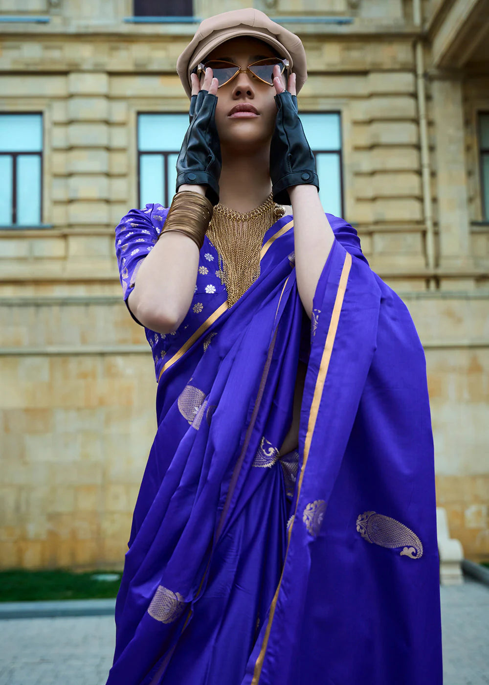 BERRY BLUE Pure Satin Handloom Weaving Silk SAREE